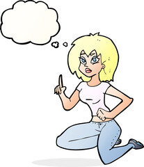 cartoon sitting woman with idea with thought bubble