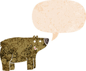 cartoon bear and speech bubble in retro textured style