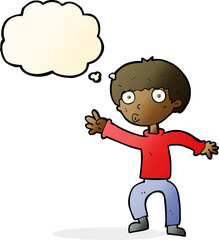 cartoon boy waving warning with thought bubble