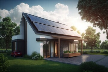 Efficiently Powering Your Home: The Benefits of Installing Photovoltaic or Solar Panels on Your Detached Home with a Beautiful Sky View, Generative AI.