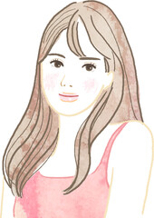 ロングヘアの女性の正面上半身ベクター水彩