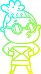cold gradient line drawing cartoon woman wearing glasses