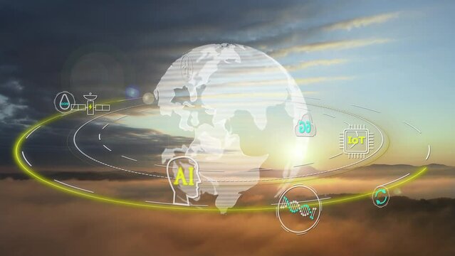 Planet earth globe animation with futuristic hi tech artificial intelligence robotic technology automation 5g cloud data, ai taking over concept human kind evolution