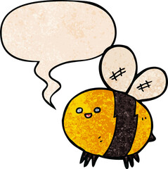 cartoon bee and speech bubble in retro texture style