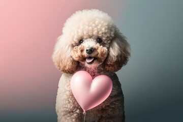 Spread Love with a Smiling Poodle Puppy Holding a Pink Heart-Shaped Balloon on Valentine's Day or Birthday, Generative AI.