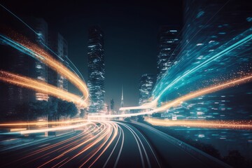 Fototapeta na wymiar Revolutionizing Urban Living: The Smart Digital City with High-Speed Light Trail of Cars and Seamless Digital Data Transfer, Generative AI.