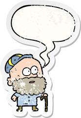 old cartoon man and walking stick and flat cap and speech bubble distressed sticker