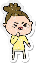 distressed sticker of a cartoon angry woman