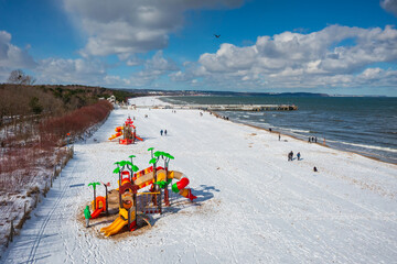 Beach of the Baltic Sea in Gdansk at winter. Poland