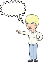 cartoon woman pointing finger of blame with speech bubble