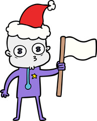 line drawing of a weird bald spaceman with flag wearing santa hat