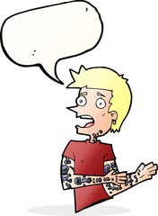 cartoon man with tattoos with speech bubble