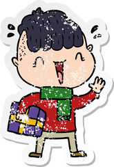 distressed sticker of a cartoon happy boy surprised
