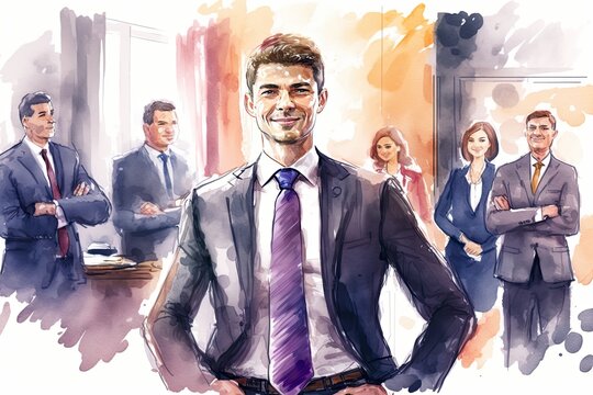 Watercolor illustration of a young lawyer standing in front of his team. Generative AI image