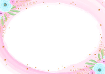 Fototapeta na wymiar Gentle floral background. Pink watercolor frame with flowers and little golden stars. Vector illustration 10 EPS.