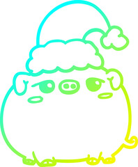 cold gradient line drawing cartoon pig wearing christmas hat
