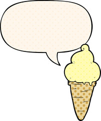cartoon ice cream and speech bubble in comic book style