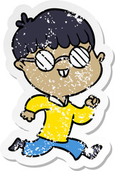distressed sticker of a cartoon boy wearing spectacles