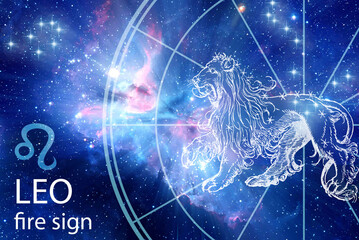 astrology zodiac  Leo Lion sign  with the symbol, picture,  horoscope, stars and nebula in blue color like astrological concept