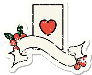 grunge sticker with banner of the ace of hearts
