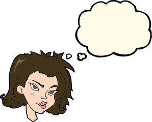 cartoon female face with thought bubble