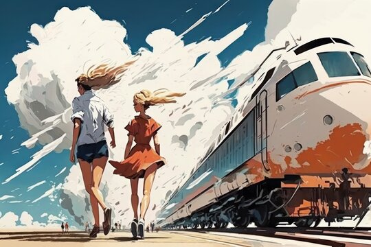 Two women is having a walk near the train. Beautiful creative art. Generative AI