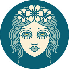 tattoo style icon of female face with crown of flowers