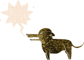 cartoon dog and speech bubble in retro textured style