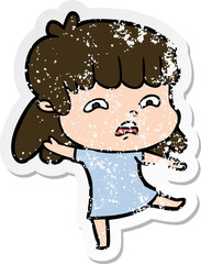 distressed sticker of a cartoon worried woman