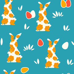 Cute easter seamless vector pattern illustration with colorful egg and rabbits with flowers on blue background - 580626794