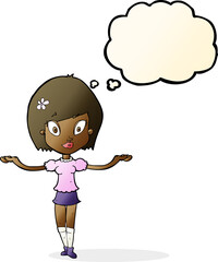 cartoon woman making balancing gesture with thought bubble