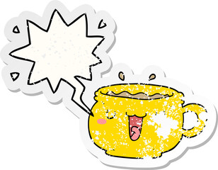 cute cartoon coffee cup and speech bubble distressed sticker
