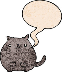 cartoon cat and speech bubble in retro texture style