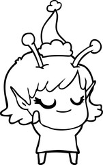 smiling alien girl line drawing of a wearing santa hat