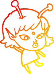 warm gradient line drawing pretty cartoon alien girl dancing