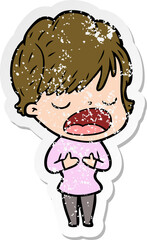 distressed sticker of a cartoon woman talking