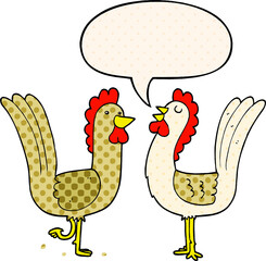 cartoon chickens and speech bubble in comic book style