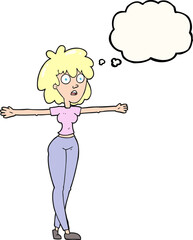 thought bubble cartoon woman spreading arms