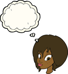cartoon pretty female face pouting with thought bubble