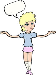 cartoon woman shrugging shoulders with speech bubble