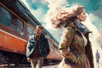 Obraz na płótnie Canvas Going to travel. On a railway station. Couple is having a walk outdoors. Beautiful creative art. Generative AI
