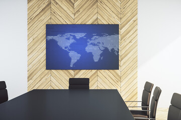 Abstract digital world map on presentation tv screen in a modern meeting room, research and strategy concept. 3D Rendering