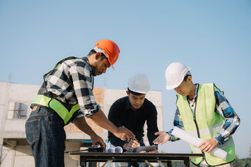 Group architect team on construction site inspection documents and business workflow in the morning.