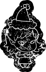 pretty cartoon distressed icon of a elf girl wearing santa hat