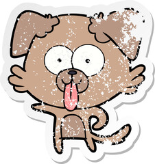 distressed sticker of a cartoon dog with tongue sticking out