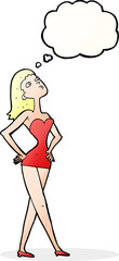 cartoon woman in party dress with thought bubble