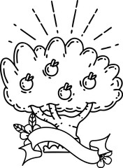 banner with black line work tattoo style apple tree