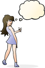 cartoon woman posing in dress with thought bubble