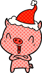 happy comic book style illustration of a pig wearing santa hat