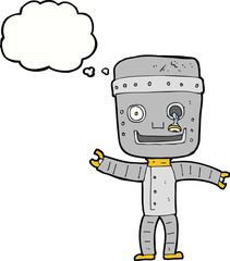cartoon funny old robot with thought bubble